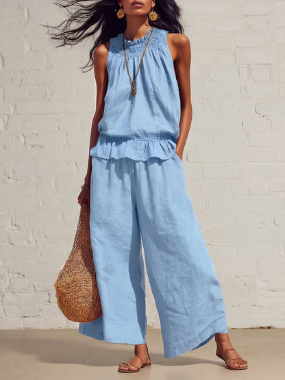 Loose Sleeveless Elasticity Pleated Pockets Solid Color Round-Neck Vest Top + Bottom Pants Two Pieces Set