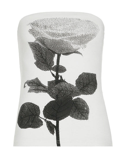 Skinny Sleeveless Contrast Color Flower Print Split-Side Tube Vest Top