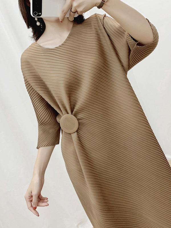 Half Sleeves Irregular Clipping Pleated Solid Color Round-Neck Midi Dresses