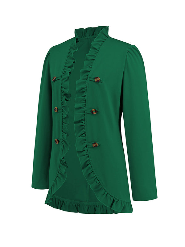 Long Sleeves Loose Buttoned Ruffled Collarless Outerwear