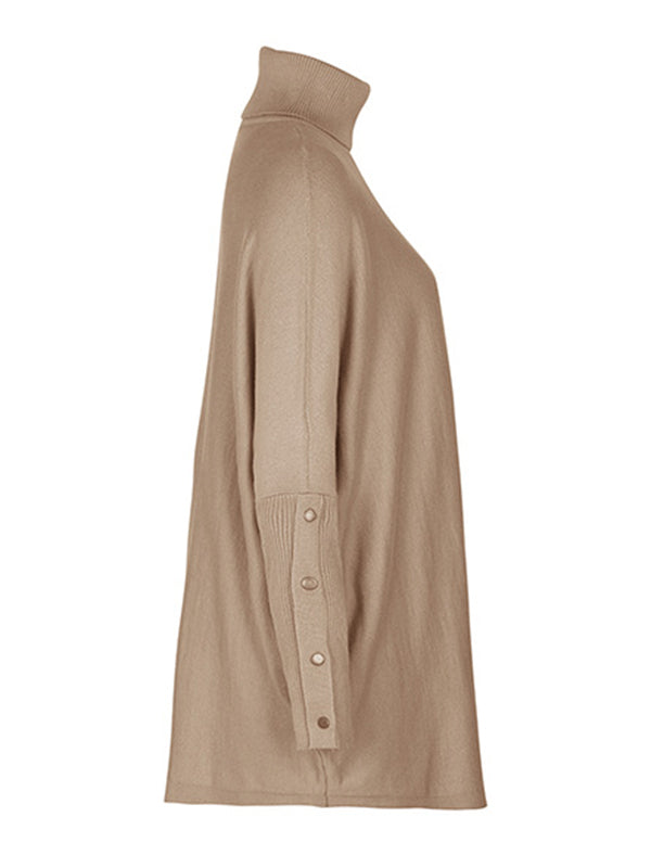 Batwing Sleeves Long Sleeves Buttoned Solid Color Split-Joint High Neck Pullovers Sweater Tops