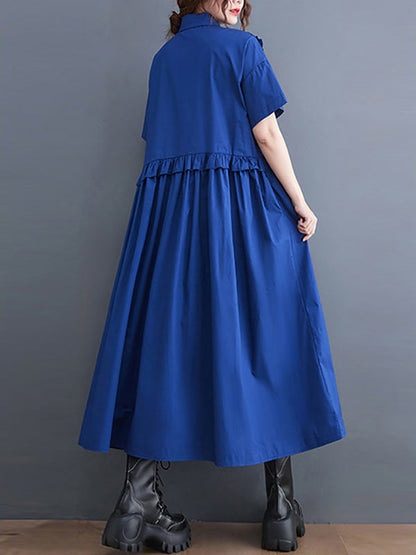 Simple Short Sleeves Loose Buttoned Falbala Split-Joint Solid Color Midi Shirt Dress