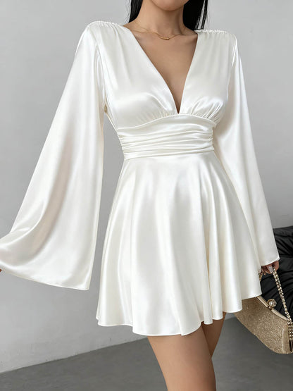 Bodycon Elasticated Waist Solid Color Deep V-Neck Mini Dresses