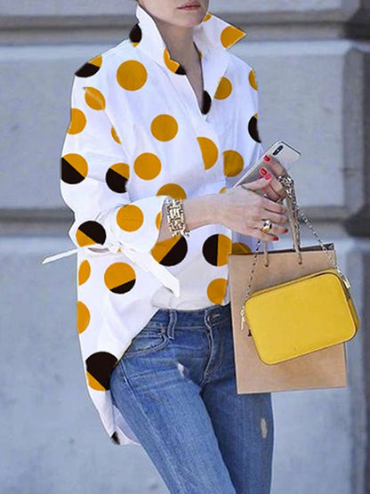 Long Sleeves Loose Contrast Color Polka Dot Printed Lapel Blouses