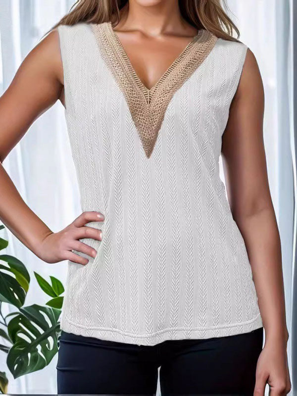 Loose Sleeveless Jacquard Split-Joint V-Neck Vest Top