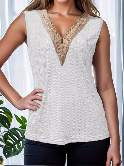 Loose Sleeveless Jacquard Split-Joint V-Neck Vest Top