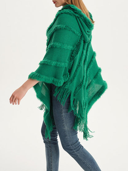 Hooded Keep Warm Solid Color Tasseled Cape Shawl&Cloak