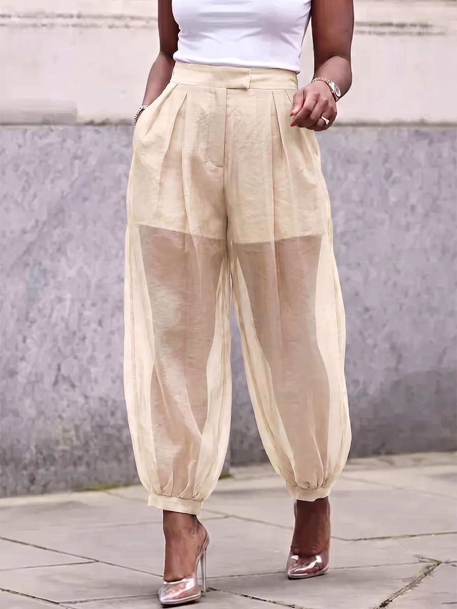 Split-Joint Solid Color Pockets Pleated Buttoned High Waisted Trousers Pants