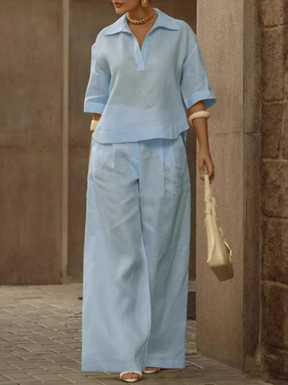 Solid Color Half Sleeves Lapel Blouses&Shirts Tops +  High Waisted Pleated Trousers Pants Two Pieces Set