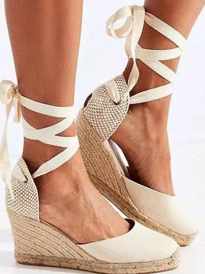 Buckle Split-Joint Square-Toe Lace-Up Ankle Wrap Espadrille Wedge Sandals