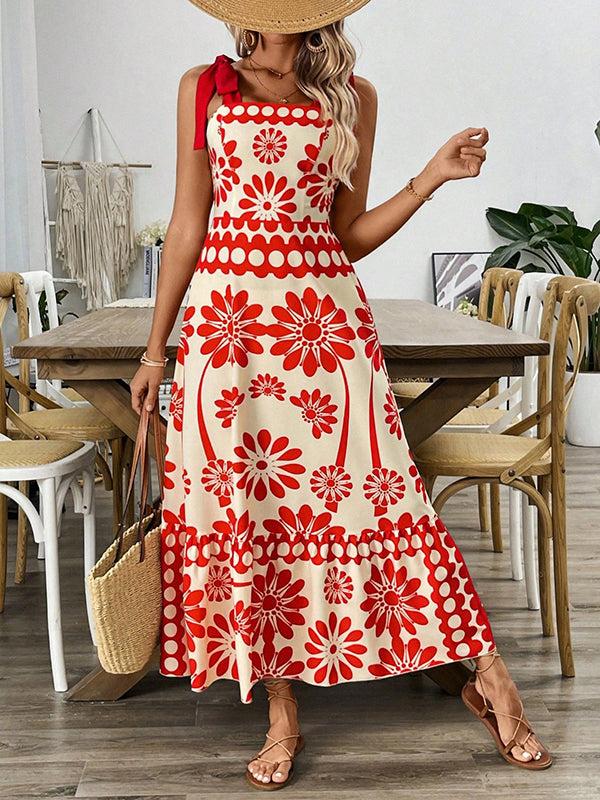 A-Line Loose Elasticity Flower Print Pleated Tied Spaghetti-Neck Midi Dresses