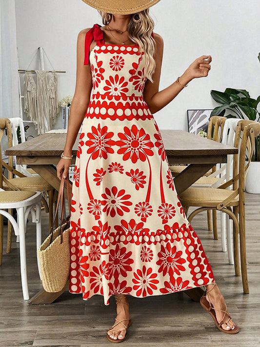 A-Line Loose Elasticity Flower Print Pleated Tied Spaghetti-Neck Midi Dresses