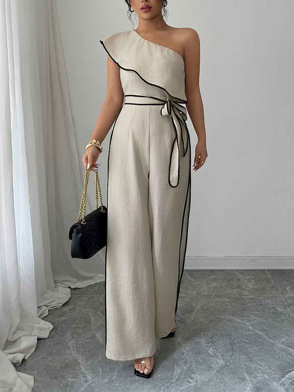 High Waisted Wide Leg Elasticity Tied Waist One-Shoulder Jumpsuits