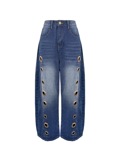 High Waisted Loose Buttoned Geometric Hollow Pockets Split-Joint Jean Pants Bottoms