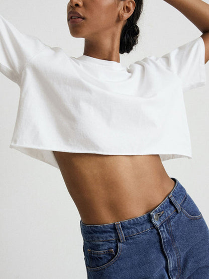 Loose Short Sleeves Solid Color Round-Neck T-Shirts Tops
