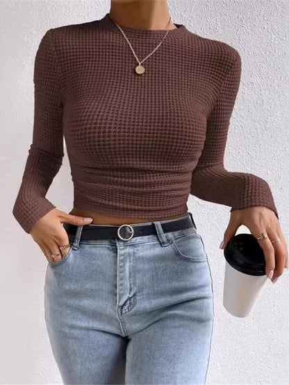 Long Sleeves Skinny Pleated Solid Color Split-Joint Textured Waffle Check Round-Neck T-Shirts Tops