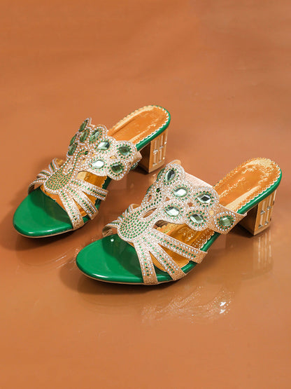 Square Heel Open Toe Rhinestone Pumps