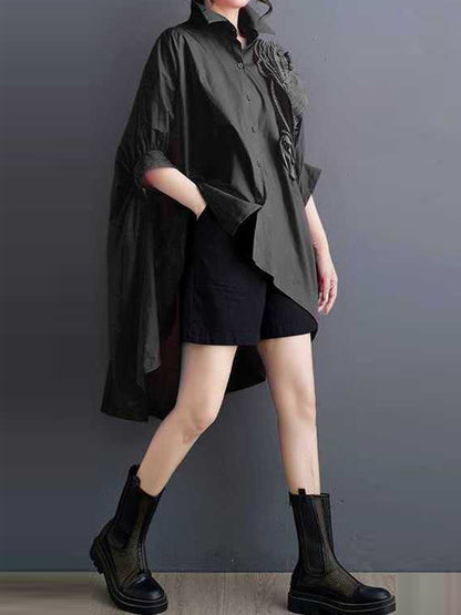 Batwing Sleeves Half Sleeves Asymmetric Buttoned Pleated Solid Color Three-Dimensional Flower Lapel Blouses&Shirts Tops