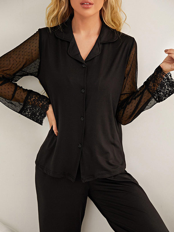 Long Sleeves Loose Gauze See-Through Solid Color Split-Joint Lapel Pajamas Two Pieces Set