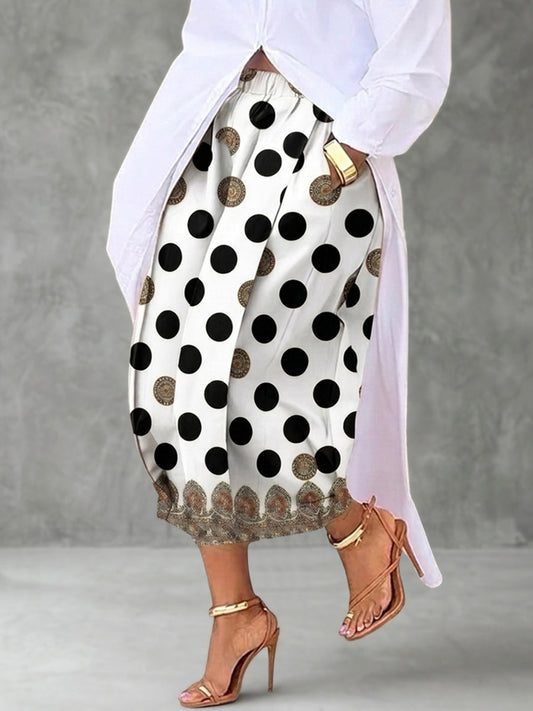 High Waisted Wide Leg Contrast Color Elasticity Pockets Polka-Dot Printed Ninth Pants