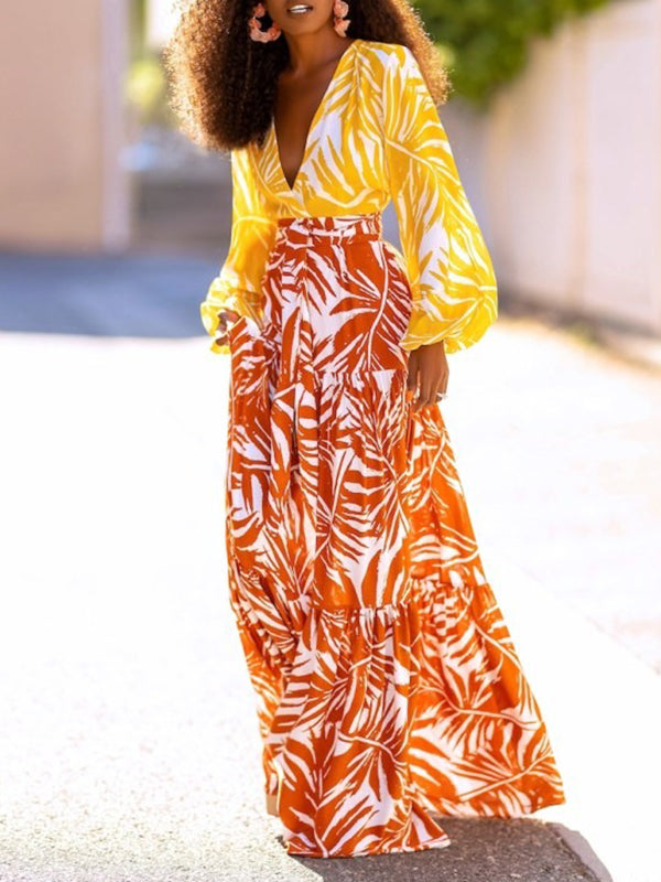 High Waisted Loose Layered Leaves Print Skirts Bottoms