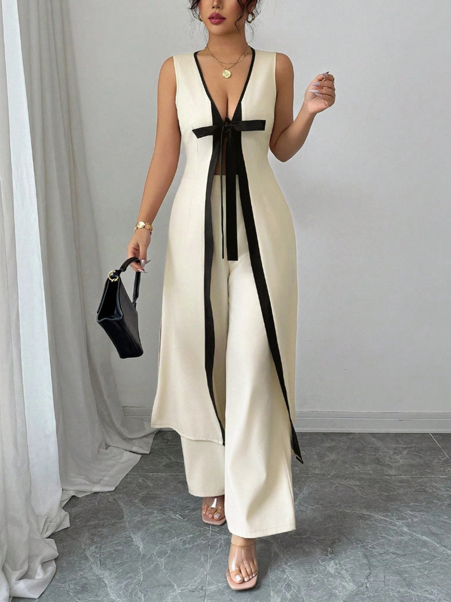 Sleeveless Deep V-Neck Tied Contrast Color Blouses&shirts Tops + Wide Leg Trousers Pants Two Pieces Set