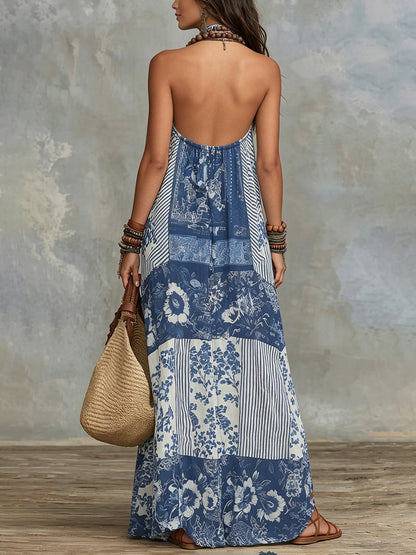 A-Line Loose Backless Contrast Color Flower Print Printed Split-Side Striped Halter-Neck Maxi Dresses