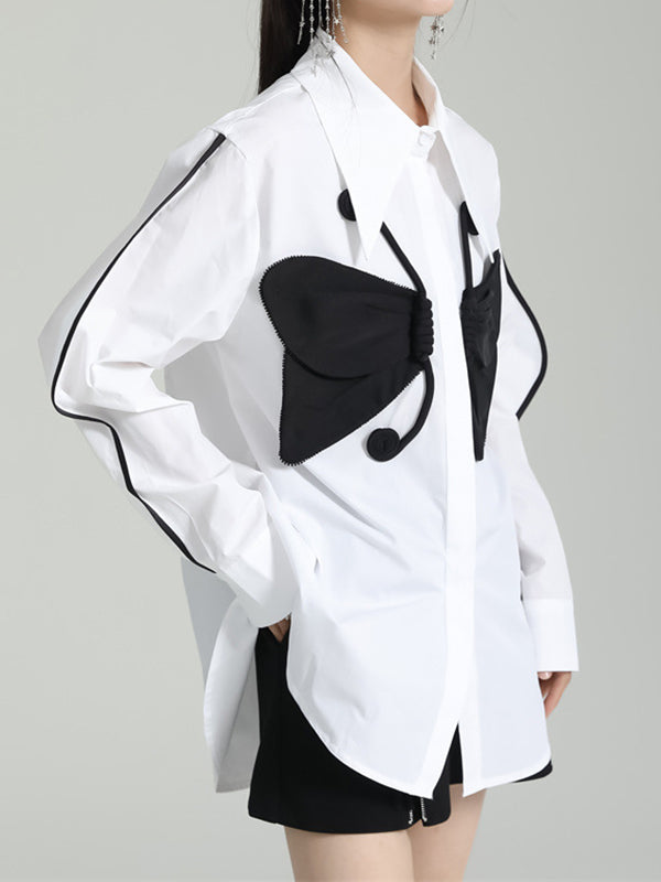 Long Sleeves Loose Butterfly Shape Buttoned Lapel Blouses&Shirts Tops