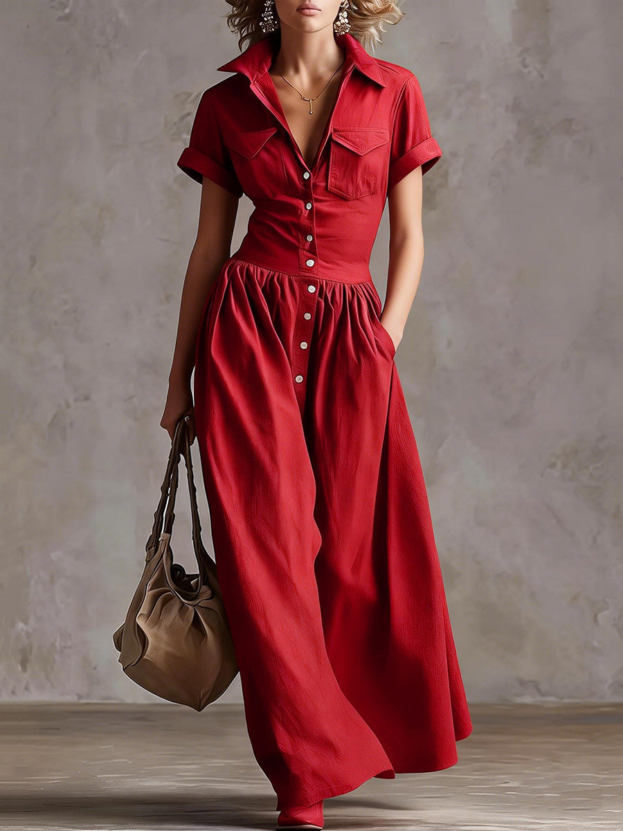 High Waisted Loose Buttoned Pleated Pockets Solid Color Split-Joint Lapel Maxi Dresses