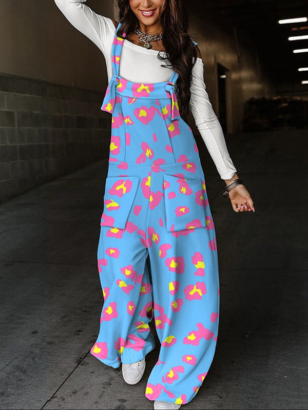 Loose Sleeveless Knot Leopard Pockets Split-Joint Overalls