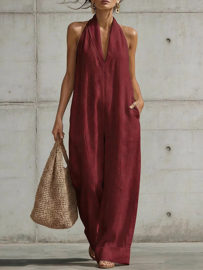High Waisted Sleeveless Pockets Solid Color V-Neck Jumpsuits