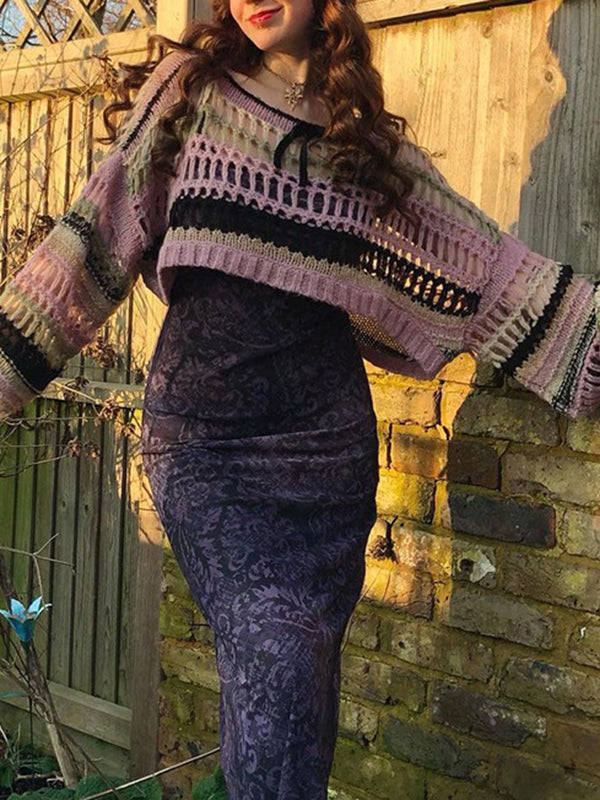 Long Sleeves Loose Drawstring Hollow Split-Joint Round-Neck Sweater Tops