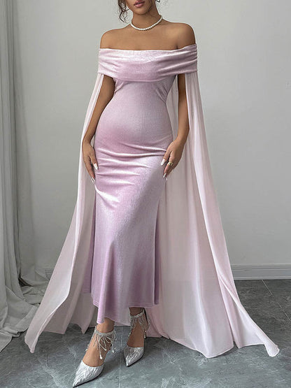 Bodycon Cape Solid Color Velvet Off-the-shoulder Midi Dresses