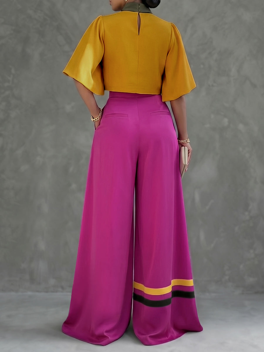 High Waisted Wide Leg Buttoned Contrast Color Pockets Pants Trousers
