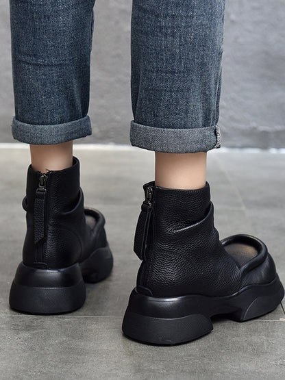 Platform Round-Toe Solid Color Zipper Boots