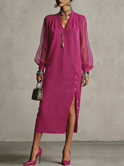 Long Sleeves Puff Sleeves Buttoned Pleated Pockets Solid Color Split-Side V-Neck Midi Dresses