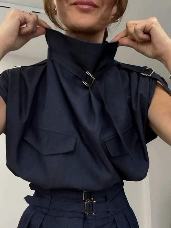 Loose Sleeveless Buckle Solid Color Stand Collar Blouses&Shirts Tops