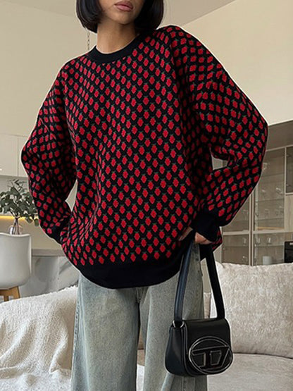 Long Sleeves Loose Pleated Split-Joint Round-Neck Sweater Tops