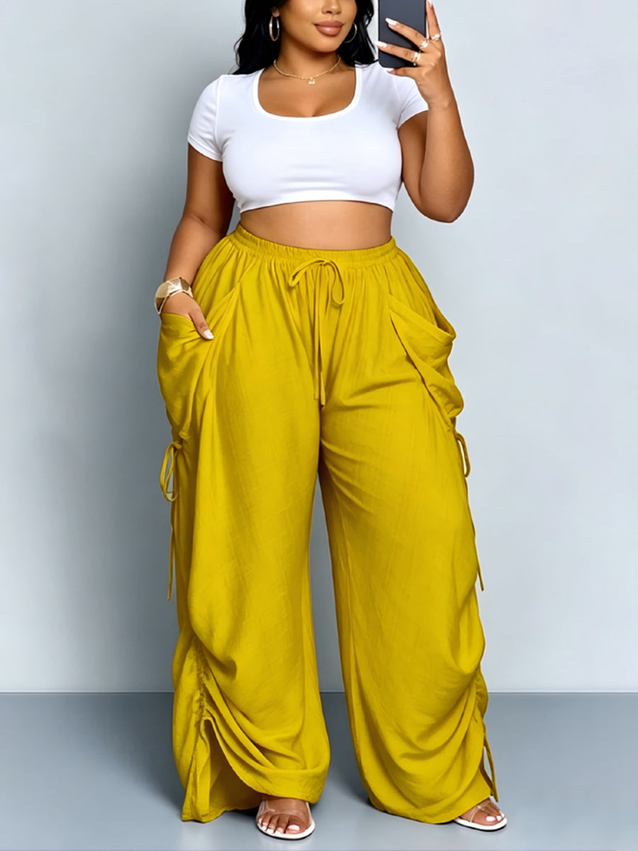 Split-Joint Pockets Elasticity Drawstring Wide Leg Plus Size Trousers Pants