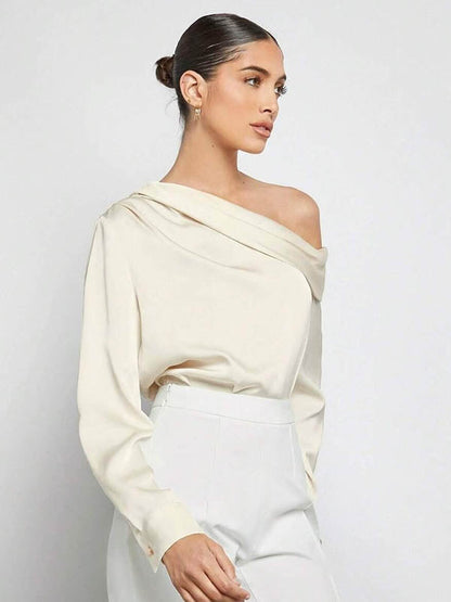 Long Sleeves Skinny Pleated Solid Color Split-Joint One-Shoulder Blouses&Shirts Tops