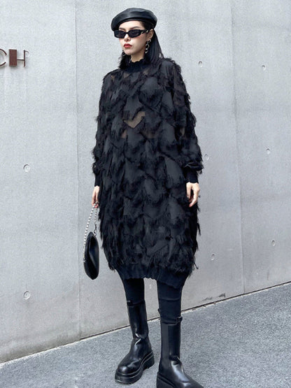 Irregularity Long Sleeves Asymmetric Mesh Pockets See-Through Solid Color Split-Joint Tasseled Stand Collar Midi Dresses