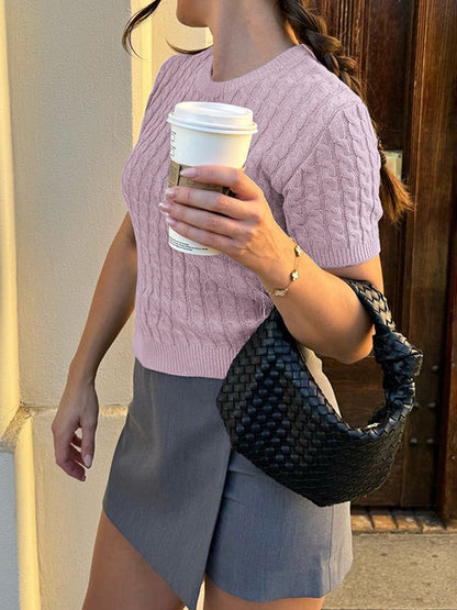 Short Sleeves Solid Color Split-Joint Round-neck Pullovers Sweater Tops