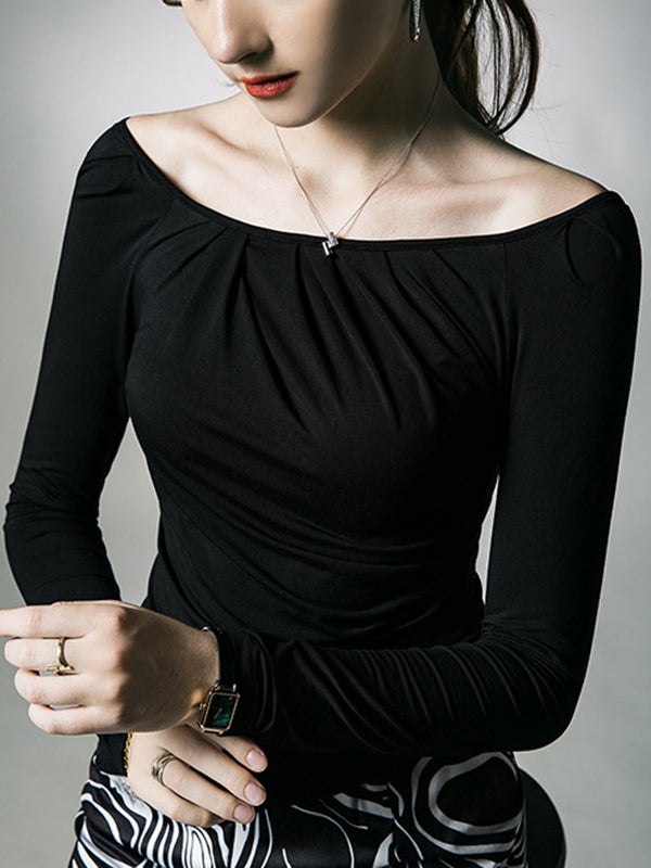 Long Sleeves Skinny Asymmetric Pleated Solid Color One-Shoulder T-Shirts Tops