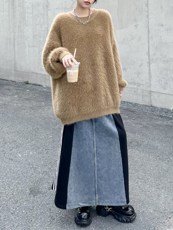 A-Line Loose Contrast Color Drawstring Split-Joint Striped Skirts Bottoms