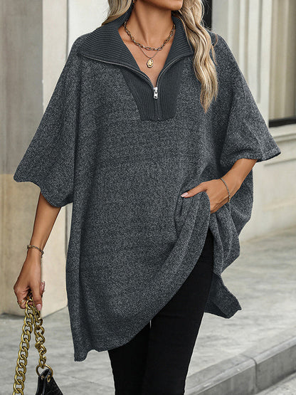 Loose Three-Quarter Sleeves Split-Joint Zipper V-Neck Sweater Tops