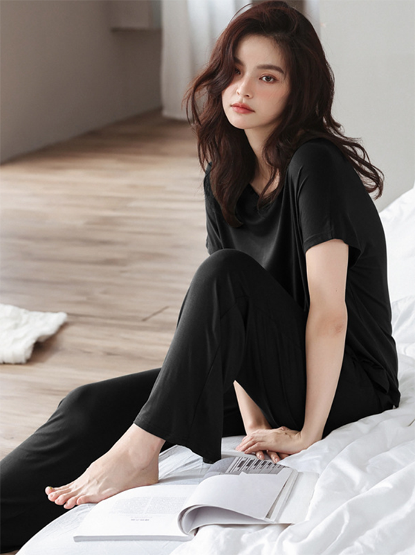 Casual Short Sleeves Solid Color V-Neck T Shirt Top&Drawstring Pants Pajamas Set