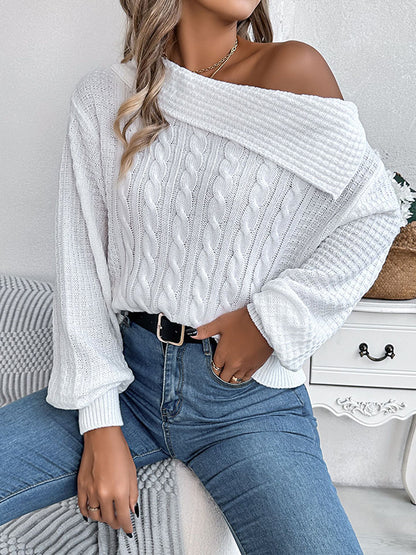 Long Sleeves Loose Asymmetric Solid Color Split-Joint One-Shoulder Pullovers Sweater Tops