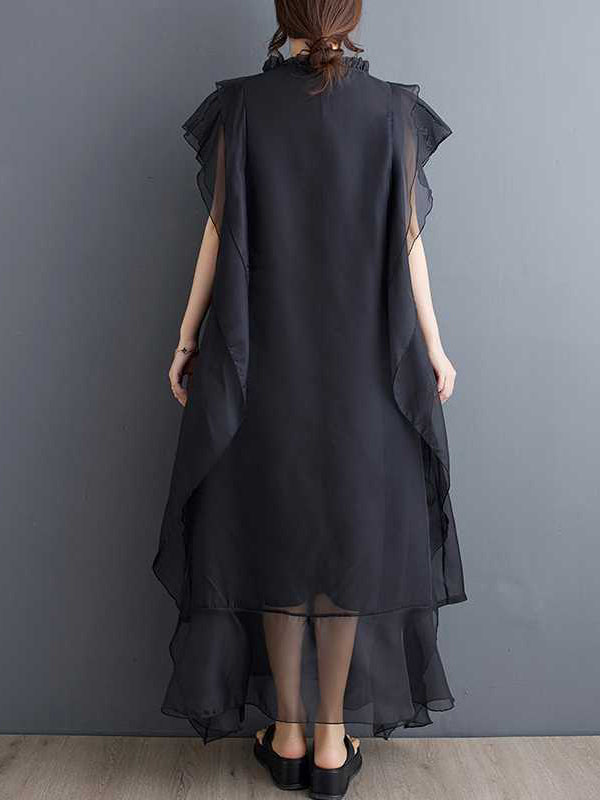 Loose Ruffle Sleeves Falbala Ruffled Solid Color Round-neck Midi Dresses