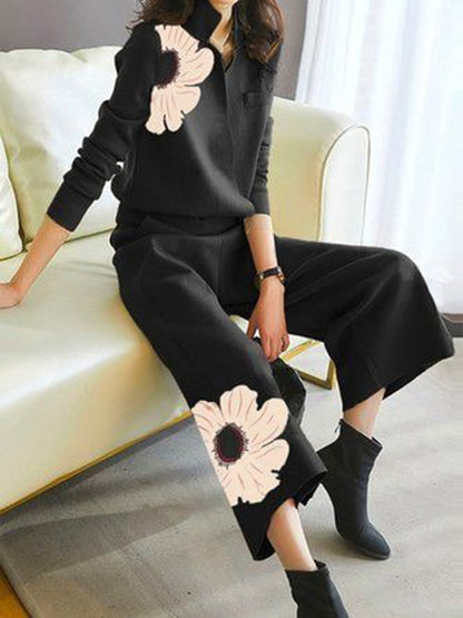 Long Sleeves Loose Asymmetric Floral Printed Split-Joint Lapel Cardigan Tops