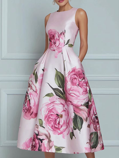 A-Line High Waisted Contrast Color Flower Print Pleated Pockets Zipper Round-Neck Midi Dresses